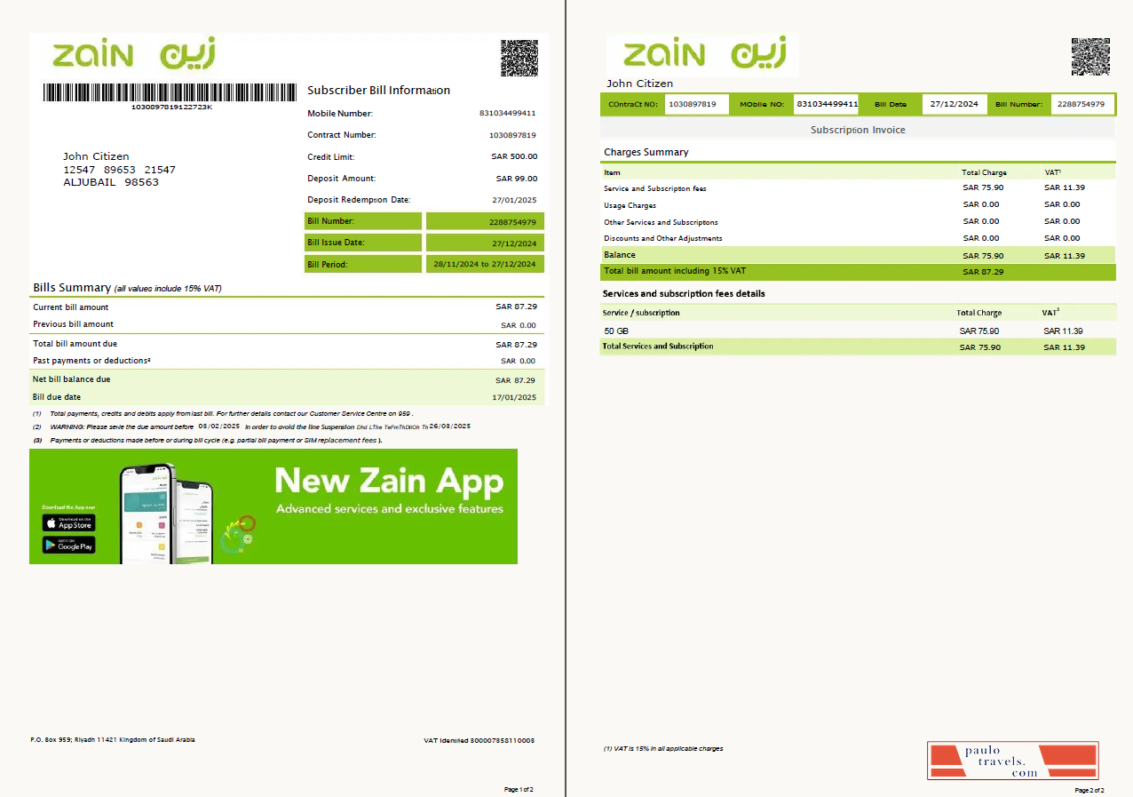 Saudi Arabia Zain utility bill template in Word and PDF formats, 2 pages, version 2